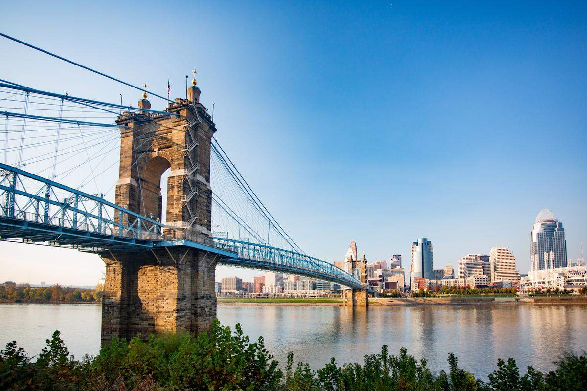 Roebling Bridge and Cincinnati skyline from Northern Kentucky.