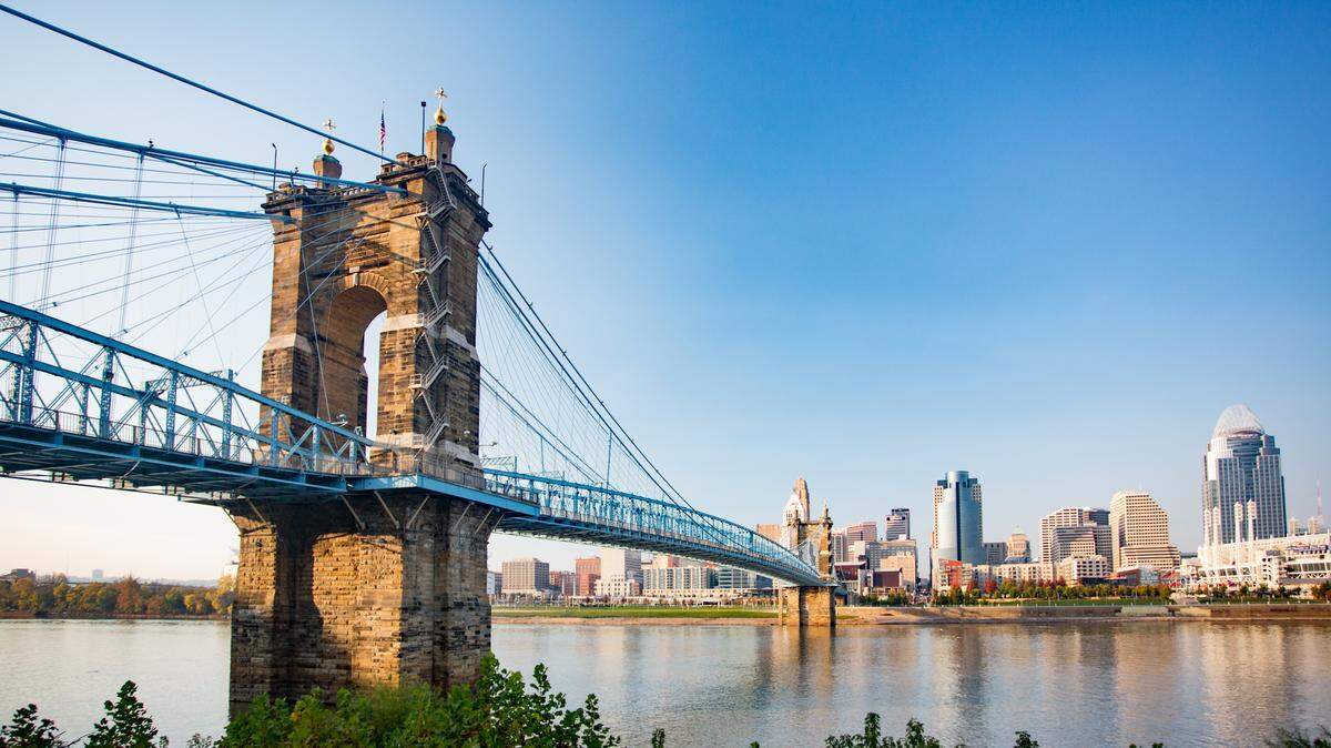 Roebling Bridge and Cincinnati skyline from Northern Kentucky.
