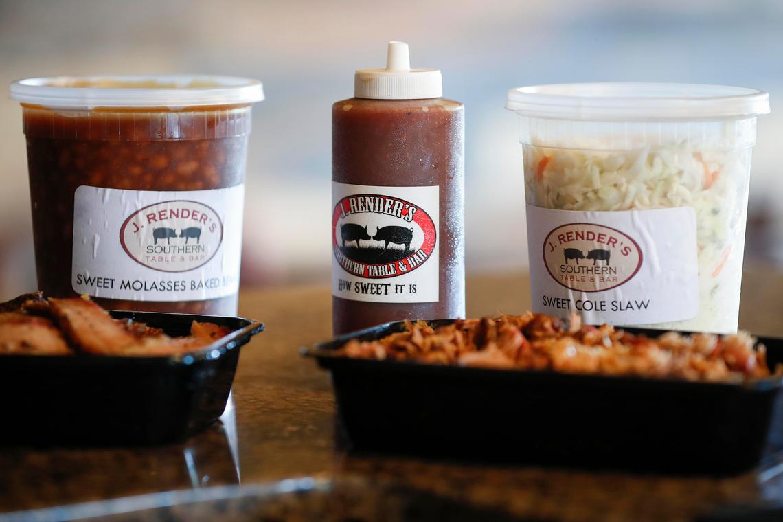 A Que To You Slim Pickens to-go meal including brisket, pulled pork, sweet molasses baked beans, coleslaw and a package of buns at J. Render’s Southern Table & Bar.