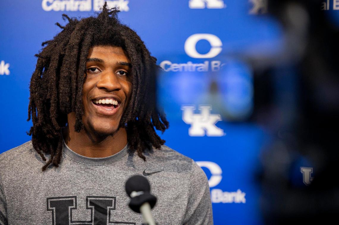 Kentucky basketball player Jayden Quaintance speaks during an interview session on Tuesday, July 8, 2025, at Historic Memorial Coliseum in Lexington, Ky.