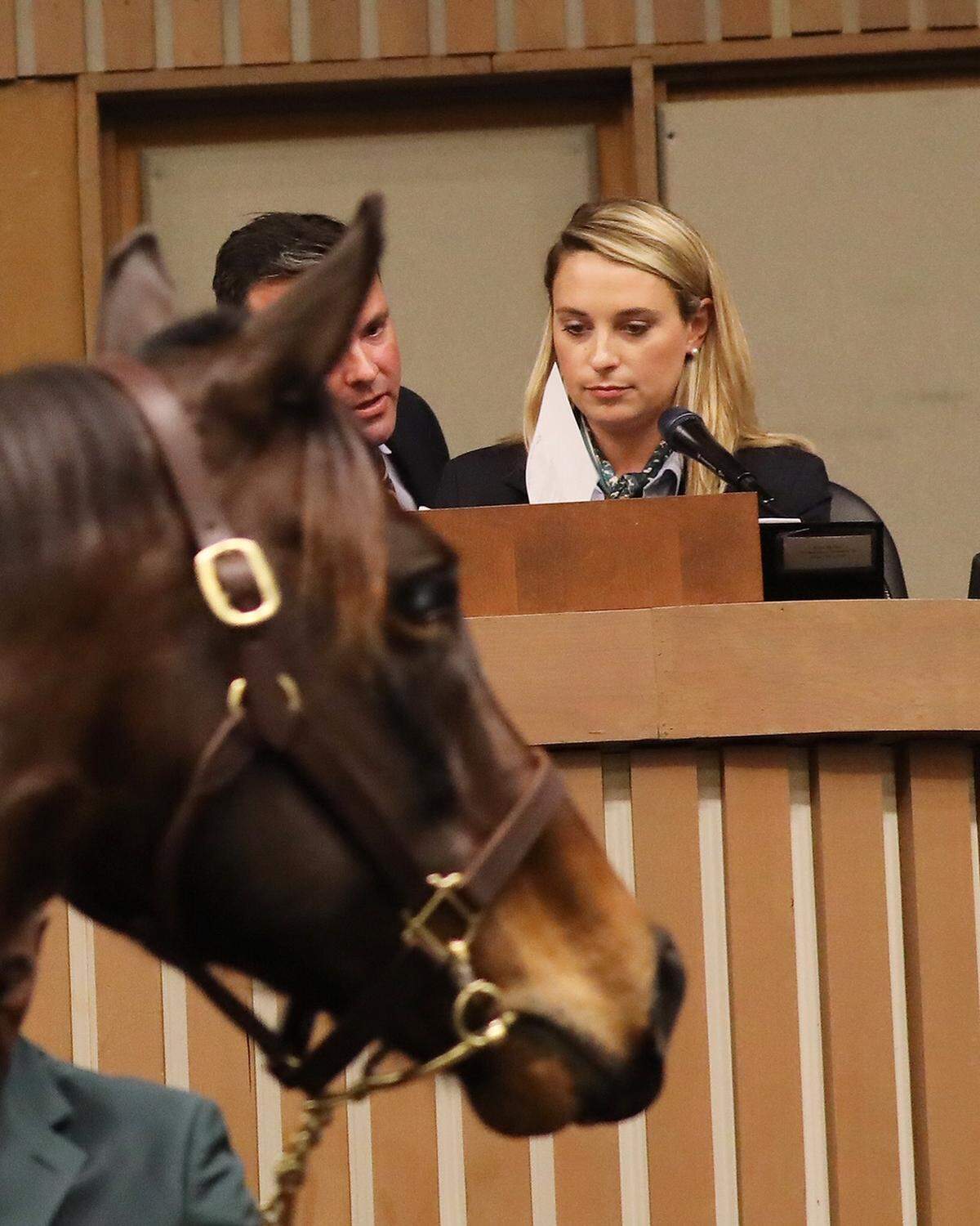 Gabby Gaudet had worked the sales as a TVG reporter but seeing them from the auctioneer’s stand was still eye-opening. “There’s no better seat in the house, first of all. You really see how the bidding is going on, and it goes so fast. So much energy and adrenaline,” she said.
