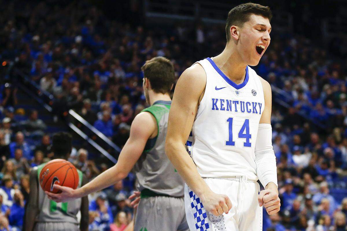 Kentucky guard Tyler Herro (14) celebrated a basket during the first half against North Dakota in Rupp Arena on Wednesday night.