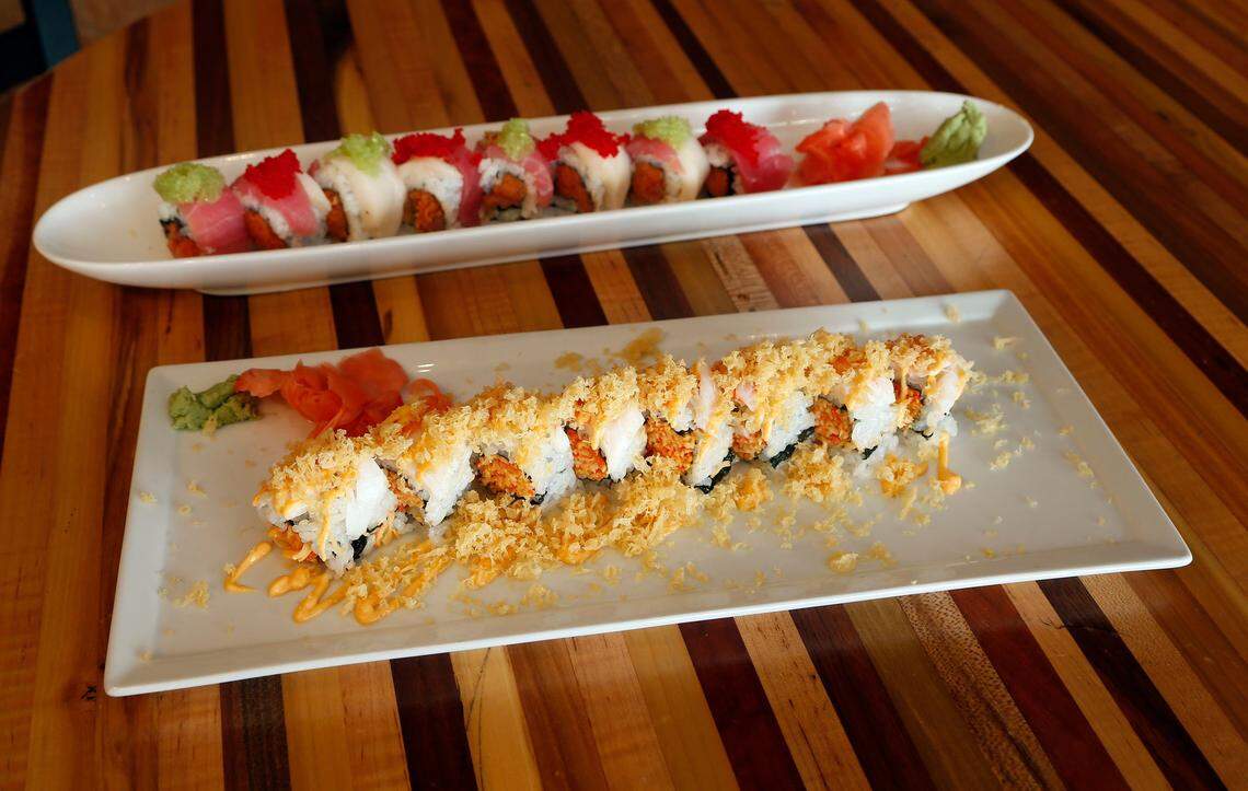 Crunch & Munch rolls, front, and Fire & Ice rolls, back, from School sushi restaurant.