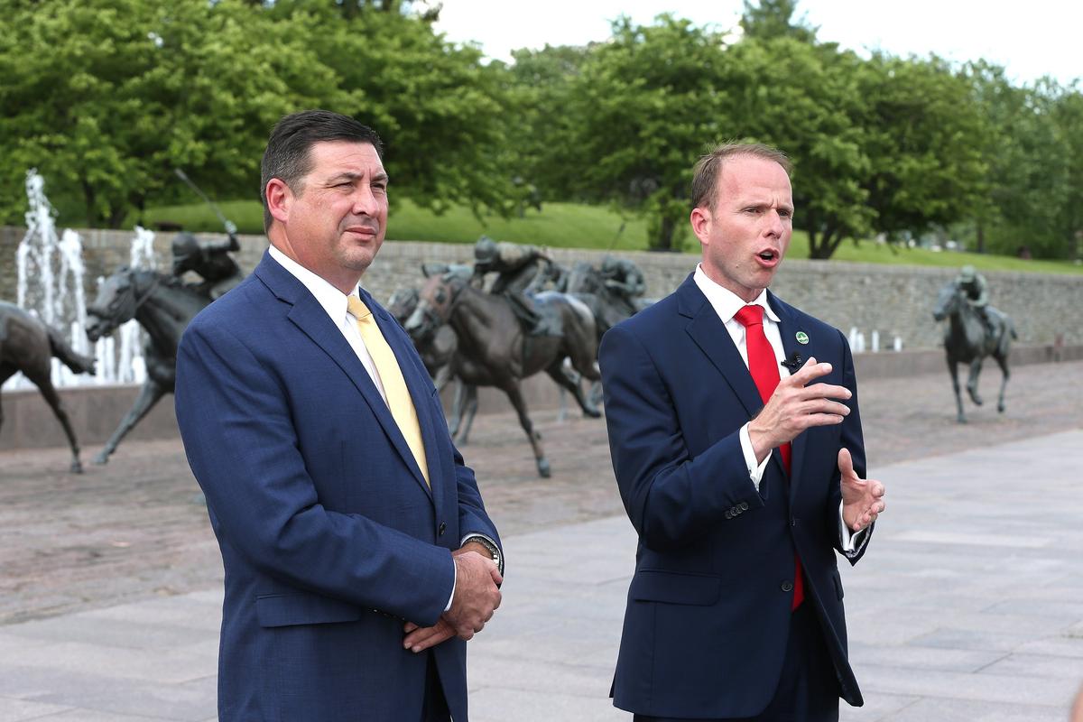 Republican gubernatorial candidate Robert Goforth, a state representative from East Bernstadt, discussed his campaign against incumbent Gov. Matt Bevin with running mate Mike Hogan, left, at Thoroughbred Park in Lexington.