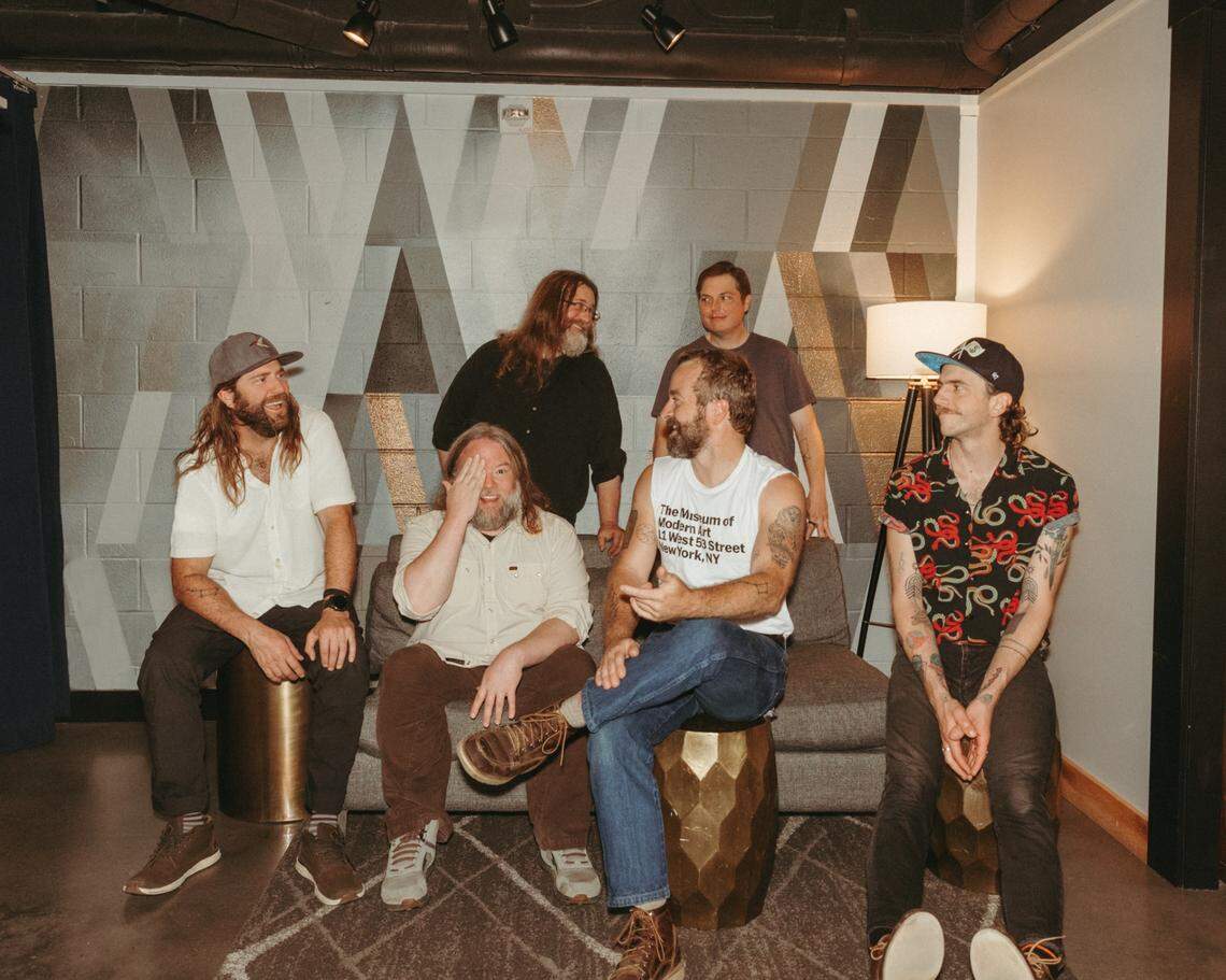 Independent Minnesota bluegrass troupe Trampled by Turtles (front row, from left, banjoist Dave Carroll, fiddler Ryan Young, guitarist/lead vocalist Dave Simonett, cellist Eamonn McLain; seated, back row, from left, mandolinist Erik Berry, bassist Tim Saxhaug) will play Lexington’s Manchester Music Hall.