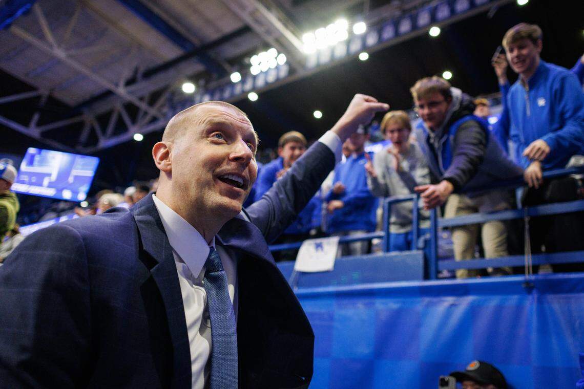 Jan 4, 2025; Lexington, Kentucky, USA; Kentucky Wildcats head coach Mark Pope walks off the court after winning the game against the Florida Gators at Rupp Arena at Central Bank Center. Mandatory Credit: Jordan Prather-Imagn Images