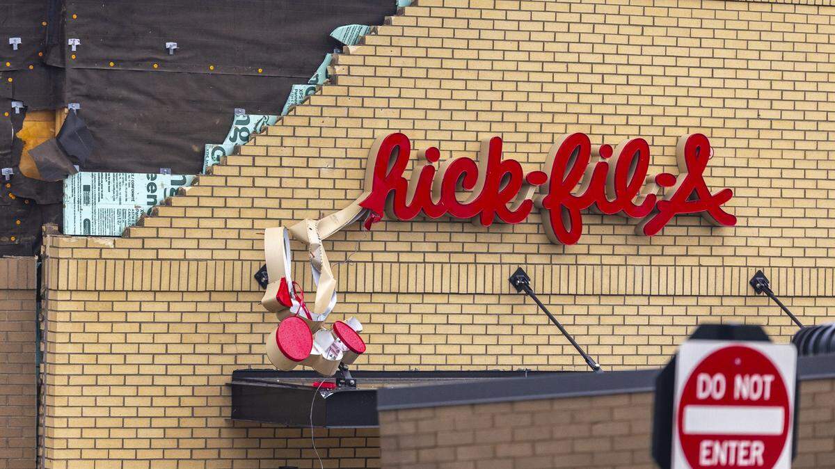 High winds caused significant damage to a Chick-fil-A on Plantside Drive in Louisville, Ky., overnight Wednesday, April 2 to Thursday April 3, 2025.