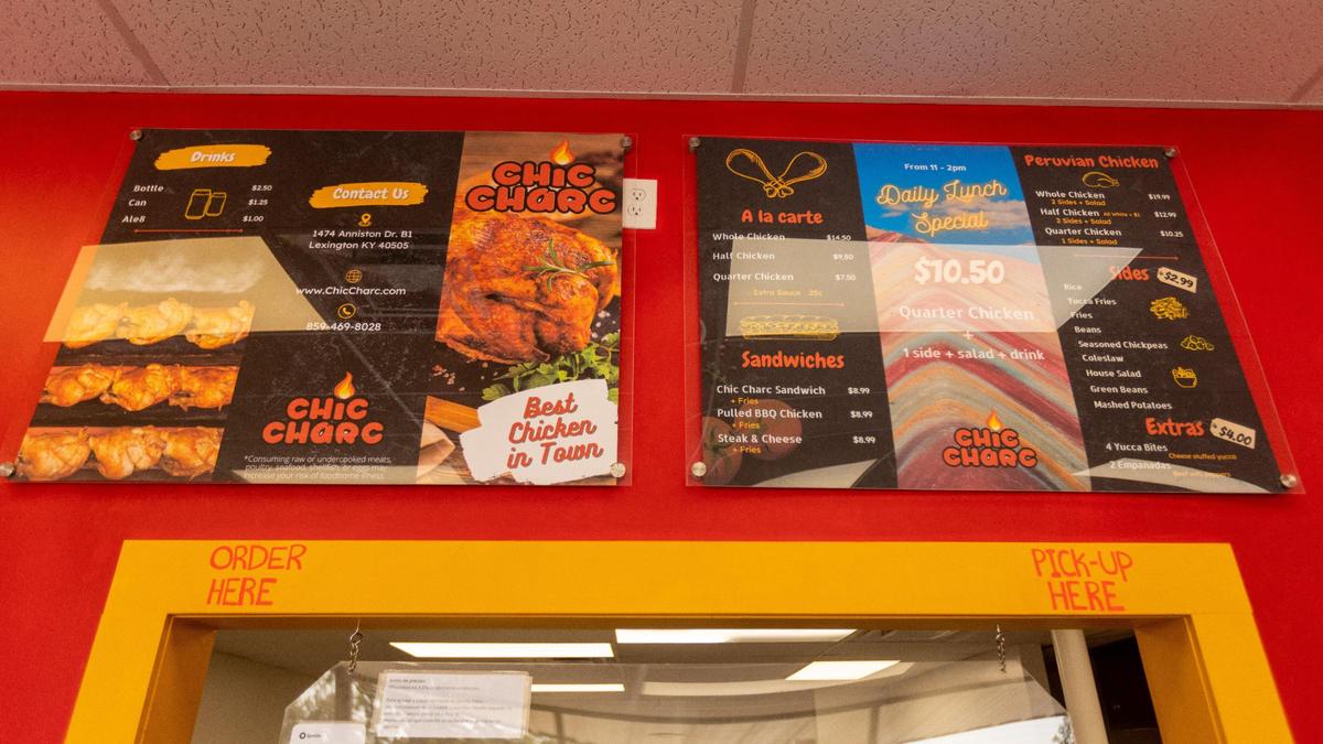 The menu board of Chic Charc Peruvian chicken style restaurant, which features a daily lunch special.