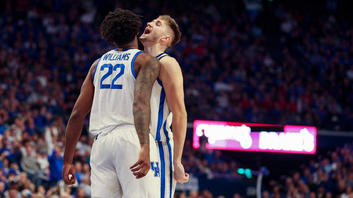 Kentucky forward Andrew Carr, right, celebrates with Kentucky center Amari Williams (22) during UK’s home win over Western Kentucky. “I’ve seen video of bad body language, but I’ve never seen a (film session) of everybody in that positive light,” UK point guard Lamont Butler said. “It just makes you want to be on the video the next time.”