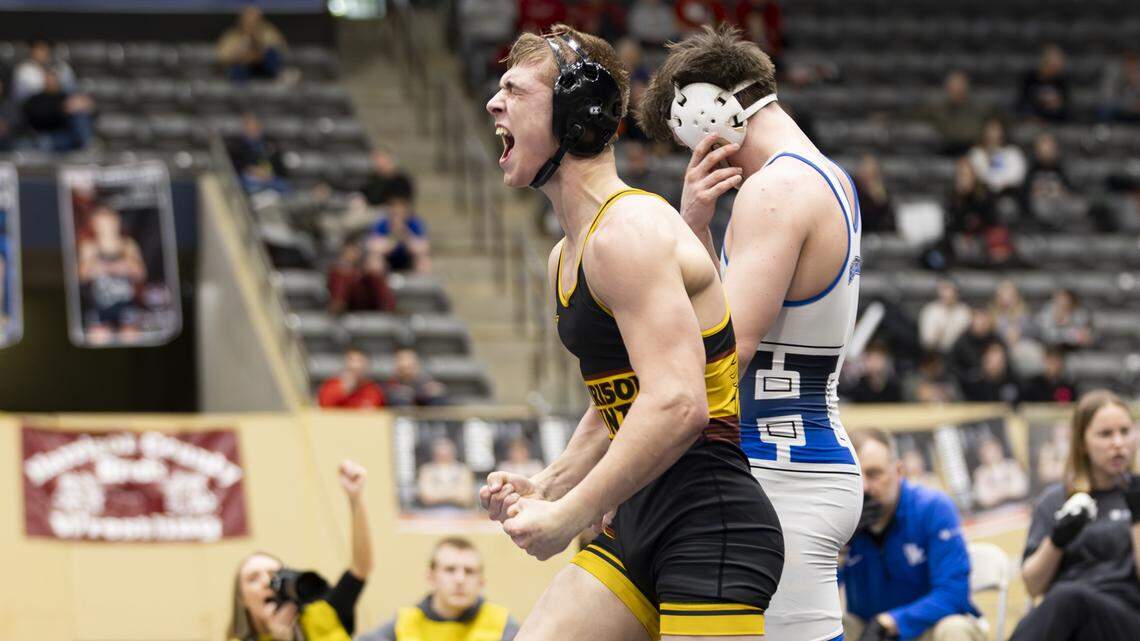 Harrison County’s George Dennis celebrated his win in the 157-pound finals of the the 2026 KHSAA Boys/Co-ed State Wrestling Championships at the Kentucky Horse Park’s Alltech Arena on Friday.