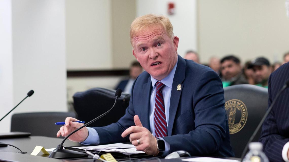 Rep. Killian Timoney speaks in support of his bill banning gray machines skill games from at the Capitol in Frankfort, Ky., Thursday, March 2, 2022.
