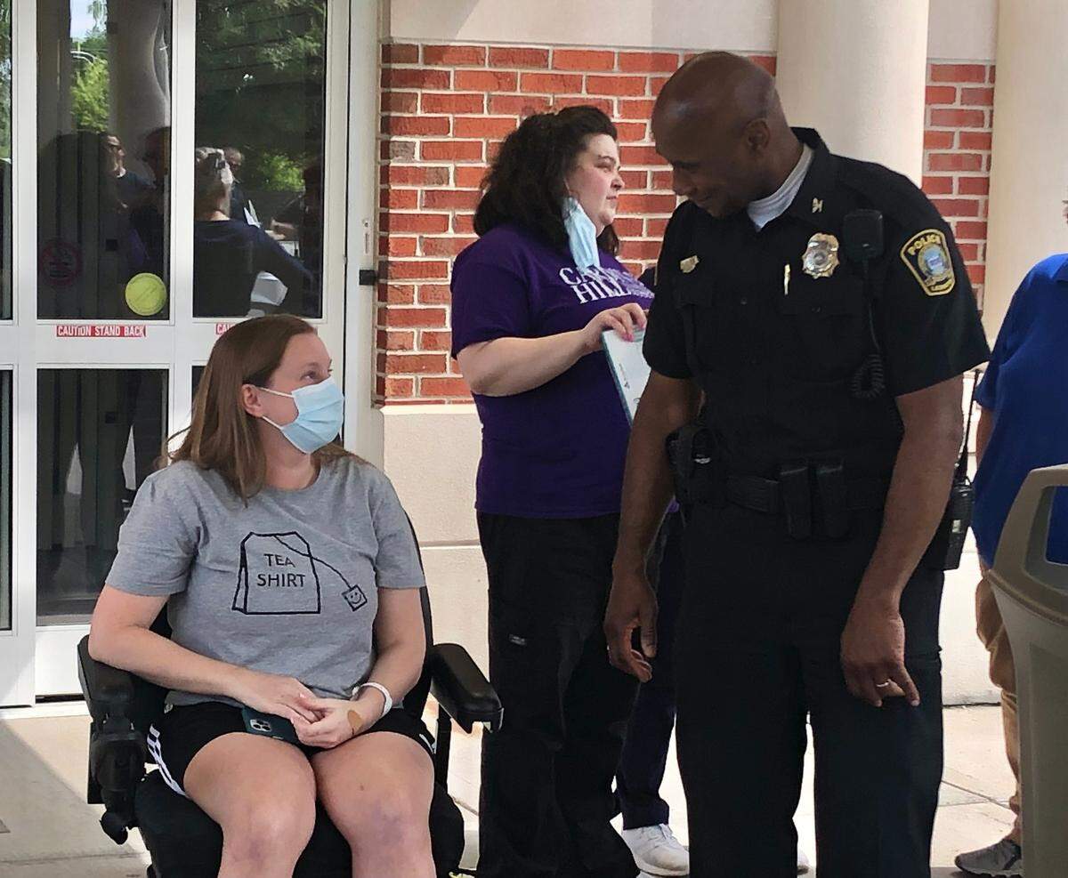 Officer Dawn Miller was released from Cardinal Hill Rehabilitation Hospital Friday.