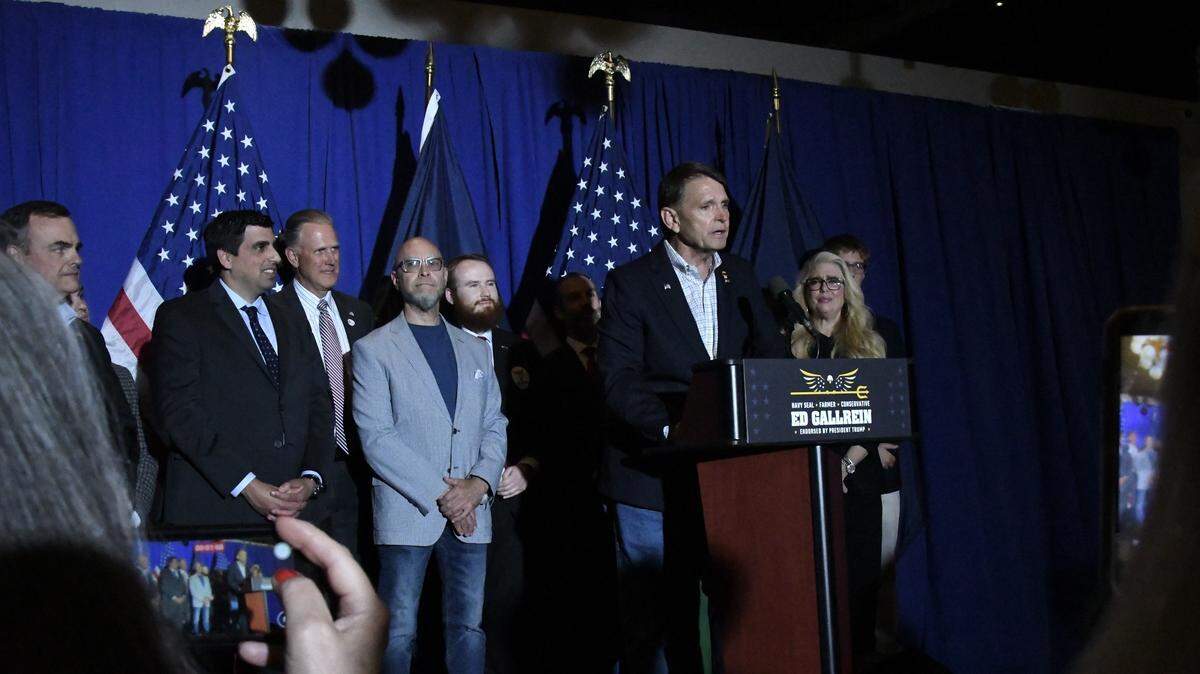 Ed Gallrein delivers a victory speech after defeating Thomas Massie in the Republican nomination for the House District 4 primary on Tuesday, May 19, 2026, at Wenzel Distillery in Covington, Ky.