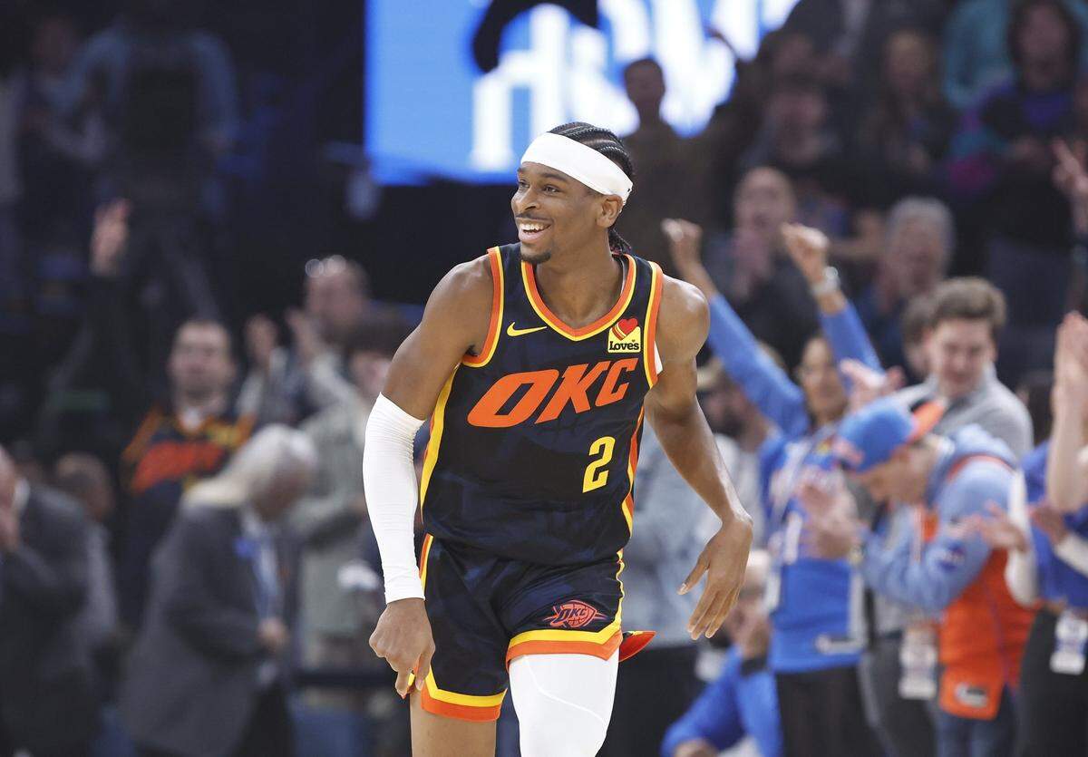 Feb 11, 2024; Oklahoma City, Oklahoma, USA; Oklahoma City Thunder guard Shai Gilgeous-Alexander (2) smiles after scoring against the Sacramento Kings during the first quarter at Paycom Center. Mandatory Credit: Alonzo Adams-USA TODAY Sports