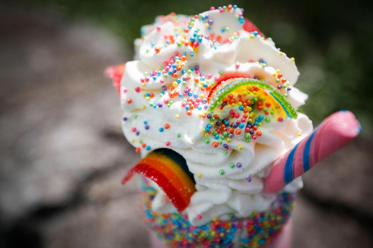 The Unicorn Cattywampus Milkshake made with Blue Bell Pink Thing ice cream. The menu of about 20 different shakes varies depending on what ice cream flavors the store gets from their supplier.