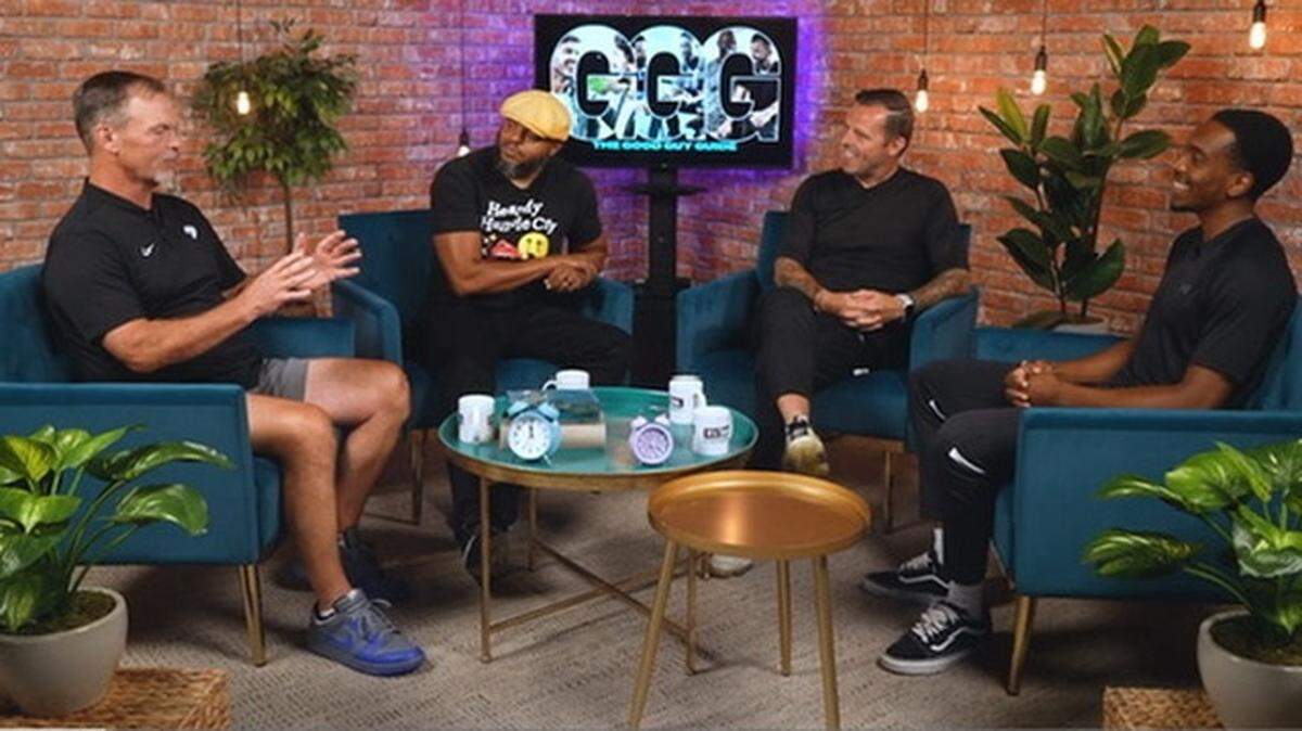 From left, Kris Grimes, Track and Field Coach at UK, Devine Carama, Sam Stockley, and UK Track athlete talk about masculinity and vulnerability on The Good Guy Guide. (It’s Time)