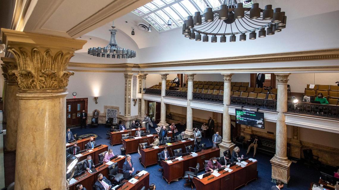 Members of Kentucky Senate meet at the state Capitol in Frankfort, Ky., on Friday, March 12, 2021.