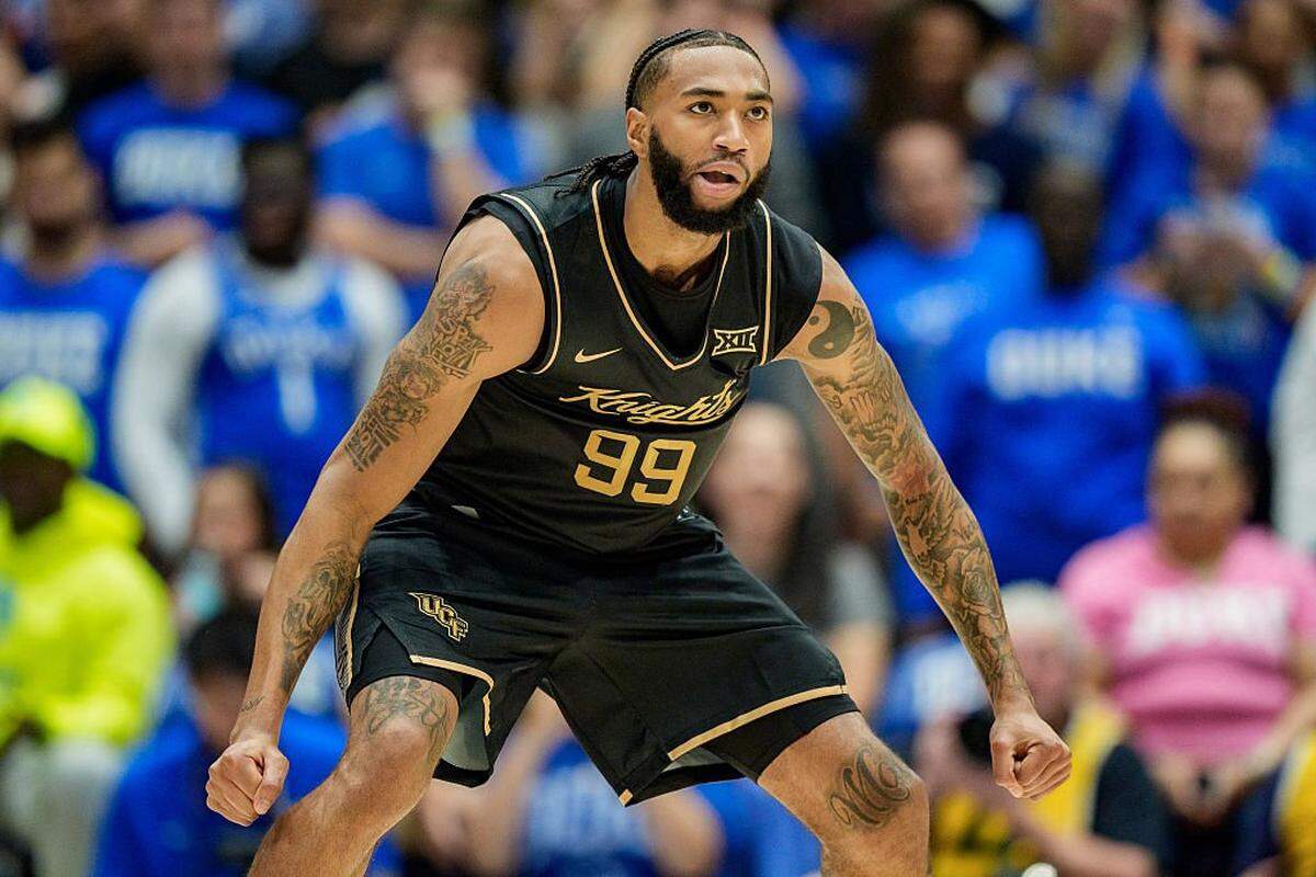 DURHAM, NORTH CAROLINA - OCTOBER 21: Jordan Burks #99 of the UCF Knights reacts in the first half against the Duke Blue Devils during their game at Cameron Indoor Stadium on October 21, 2025 in Durham, North Carolina. (Photo by Jacob Kupferman/Getty Images)