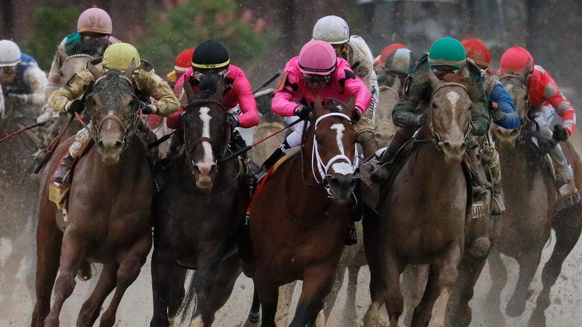 FILE - In this May 4, 2019, file photo, front row from left: Flavien Prat on Country House, Tyler Gaffalione on War of Will, Luis Saez on Maximum Security and John Velazquez on Code of Honor compete in the 145th running of the Kentucky Derby horse race at Churchill Downs in Louisville, Ky. (AP Photo/John Minchillo, File)
