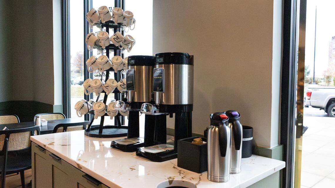 A self-serve coffee bar, complete with a speciality in-house blend, is an added homely touch at Cafe Patachou on Nov. 18, 2025, in Lexington, Ky.