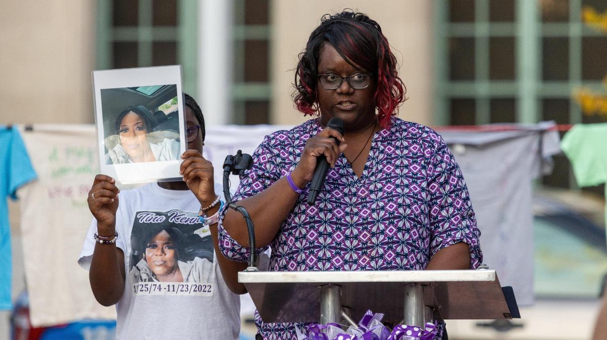Barbara Kenney spoke at the 7th annual Rise Up domestic violence survivor’s tribute event of her sister, Talina Henderson, who was the victim of a deadly shooting by Talina’s husband in November 2022.