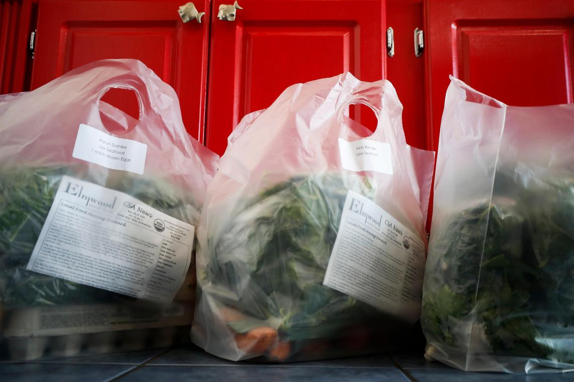 Bags of fresh vegetables from the Elmwood Stock Farm CSA sit at at the Lexington Seafood Company Wednesday where members pick up their shares.
