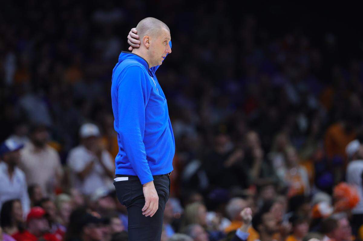 Kentucky head coach Mark Pope watches his team during Friday’s Sweet 16 game against Tennessee at Lucas Oil Stadium in Indianapolis.