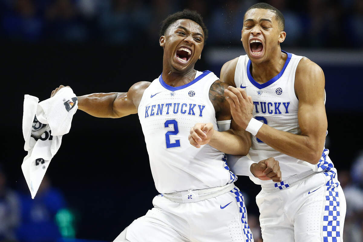 Kentucky Wildcats guard Ashton Hagans (2) and Kentucky Wildcats guard Keldon Johnson (3) celebrate during their game against the Auburn Tigers at Rupp Arena in Lexington, Ky., Saturday, Feb. 23, 2019. Kentucky beat Auburn 80-53.