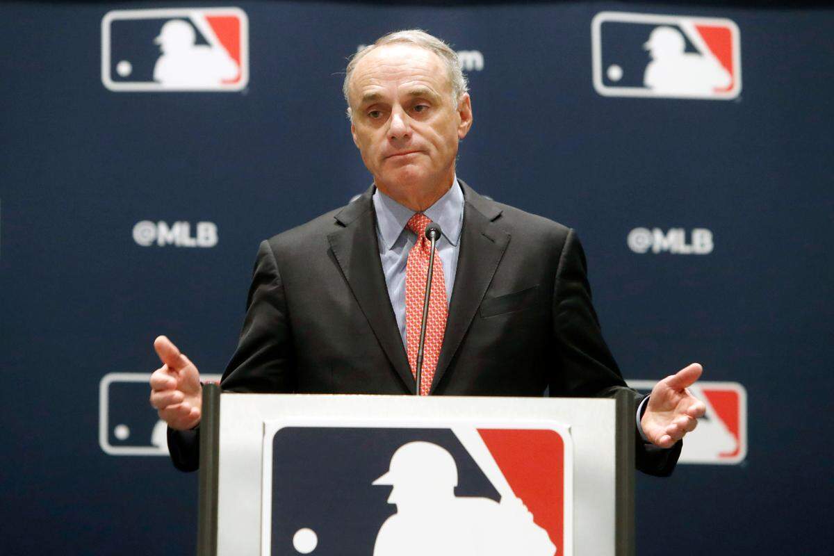 FILE - In this Nov. 21, 2019, file photo, baseball commissioner Rob Manfred speaks to the media at the owners meeting in Arlington, Texas. Major League Baseball rejected the players’ offer for a 114-game regular season in the pandemic-delayed season with no additional salary cuts and told the union it did not plan to make a counterproposal, a person familiar with the negotiations told The Associated Press. The person spoke on condition of anonymity Wednesday, June 3, 2020, because no statements were authorized.(AP Photo/LM Otero, File)