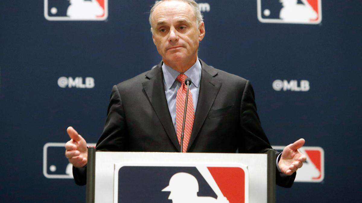 In this Nov. 21, 2019, file photo, baseball commissioner Rob Manfred speaks to the media at the owners meeting in Arlington, Texas.