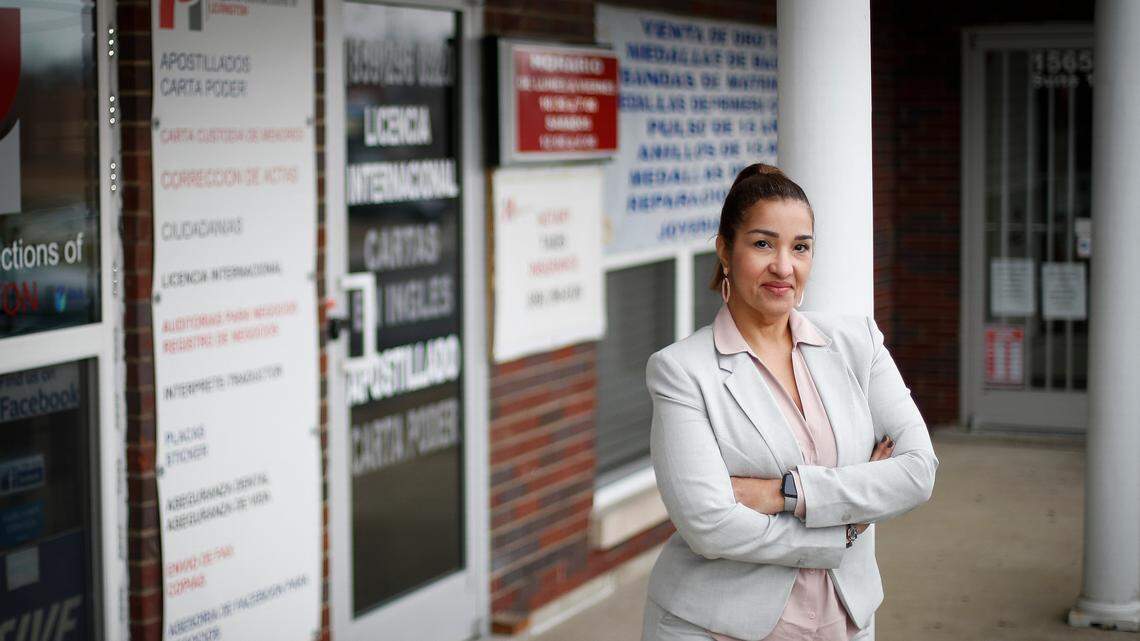 Mirna Cerrada, of Lexington, Ky., owner of Hispanic Connections of Lexington in front of her office, Tuesday, Feb. 9, 2021. Hispanic Connections offers services such as tax preparation and assistance with passports and drivers license renewals. Cerrada immigrated to the United States from Venezuela 30 years ago and feels it’s important to provide these services to underrepresented communities.