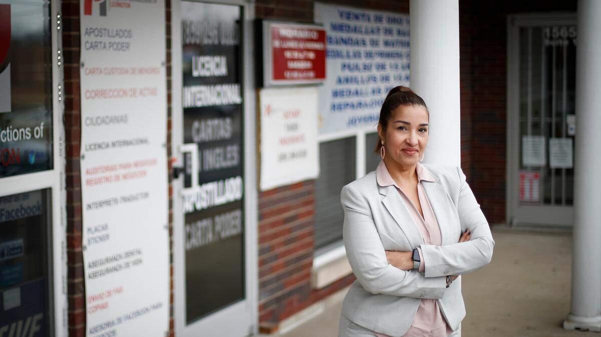 Mirna Cerrada, of Lexington, Ky., owner of Hispanic Connections of Lexington in front of her office, Tuesday, Feb. 9, 2021. Hispanic Connections offers services such as tax preparation and assistance with passports and drivers license renewals. Cerrada immigrated to the United States from Venezuela 30 years ago and feels it’s important to provide these services to underrepresented communities.