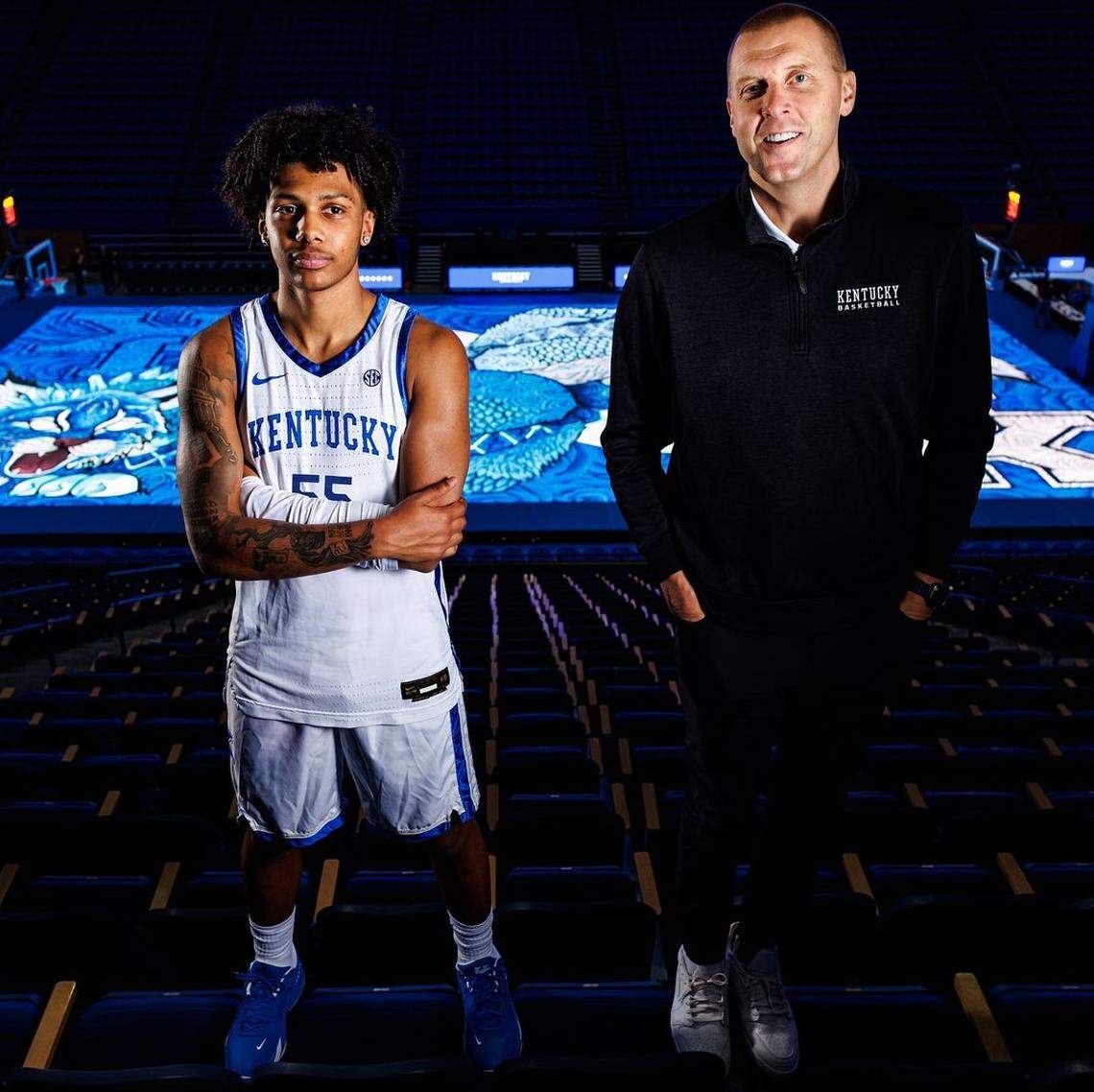 Class of 2025 recruit Acaden Lewis poses for a photo with Kentucky coach Mark Pope while Lewis was on an official visit to Kentucky in October 2024 at Rupp Arena in Lexington.
