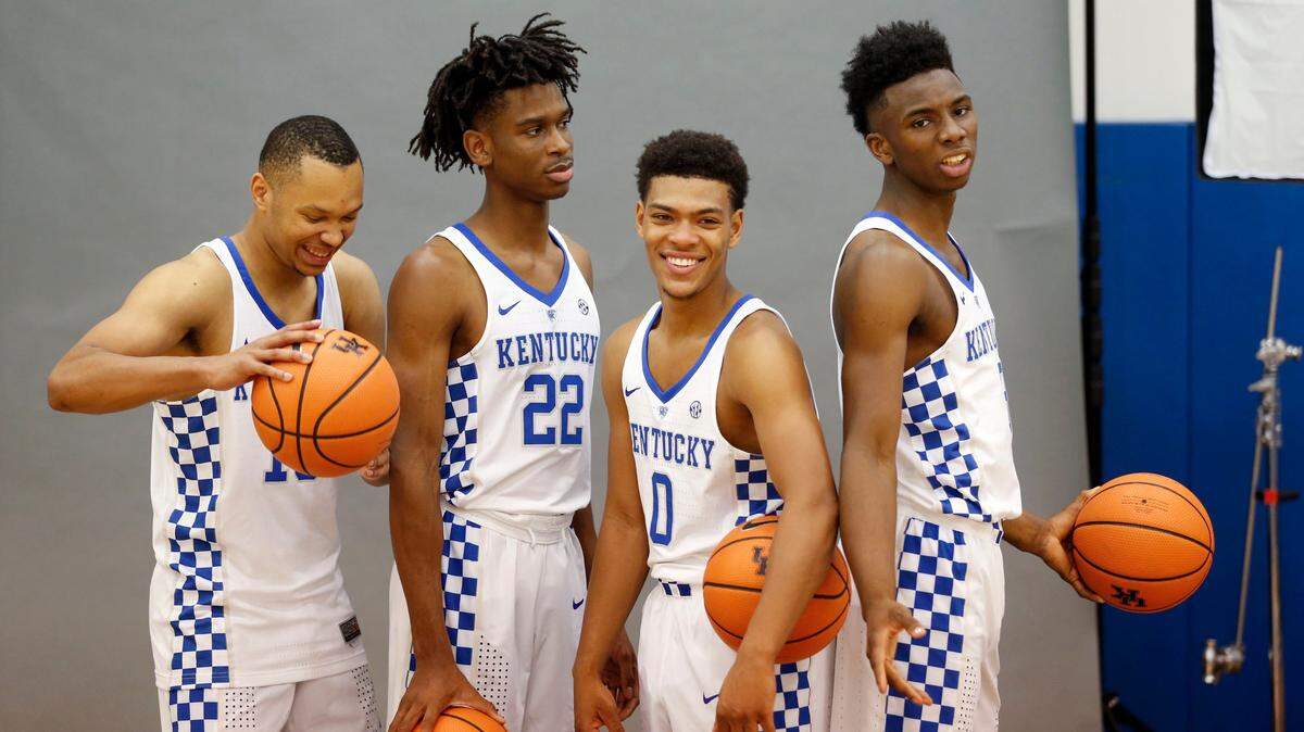 Checkerboards were a prominent feature of last season's Kentucky men's basketball uniform. Jemarl Baker (13),  Shai Gilgeous-Alexander (22), Quade Green (0) and Hamidou Diallo (3) were photographed during the University of Kentucky men's basketball photo day held at the Joe Craft Center in Memorial Coliseum on Sept. 18, 2017.