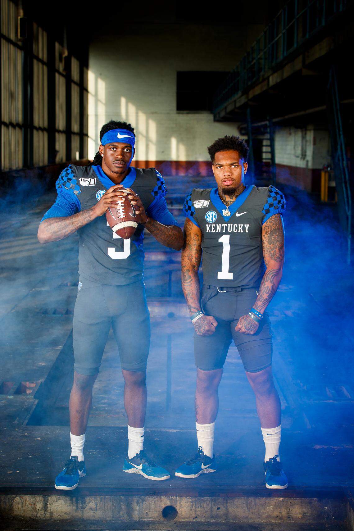 Kentucky Wildcats quarterback Terry Wilson (3) and Kentucky Wildcats wide receiver Lynn Bowden Jr. (1) in Lexington, Ky., Monday, July 29, 2019.