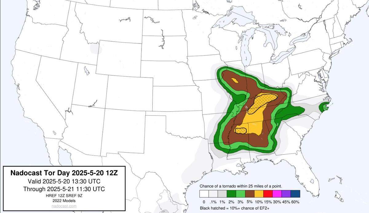 The Nadocast prediction shows a 15% greater chance of locations in Central and Eastern Kentucky experiencing a tornado within a 25 mile radius.