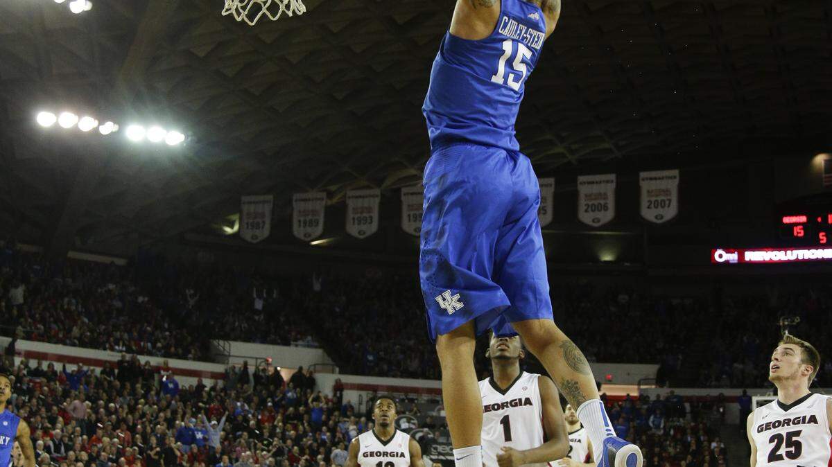 Kentucky Wildcats forward Willie Cauley-Stein (15) threw down an  alley oop  as no.1 Kentucky played Georgia on Tuesday March 3, 2015  in Athens, GA. Photo by Mark Cornelison | staff 










