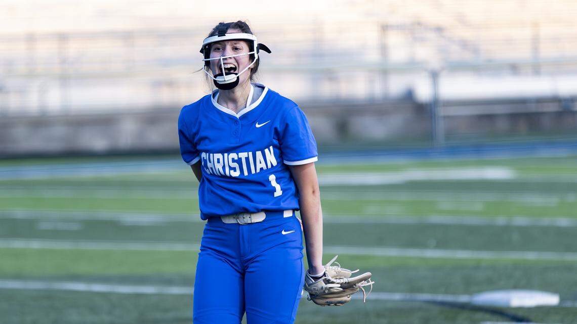 Lexington Christian’s Ella Deaton celebrates a strikeout during the seventh inning of the Eagles’ 7-5 win at Lexington Catholic on Thursday.