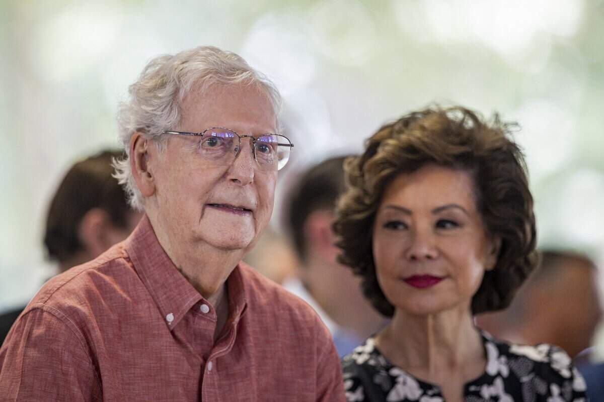 Mitch McConnell sits during Fancy Farm Picnic on Saturday, Aug. 2, 2025, at St. Jerome Church in Fancy Farm, Ky.