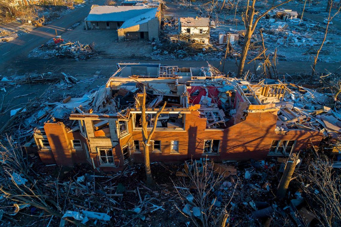 Structures in downtown Mayfield, Ky., are heavily damaged Sunday, Dec. 12, 2021, after a tornado ripped through town Friday night.