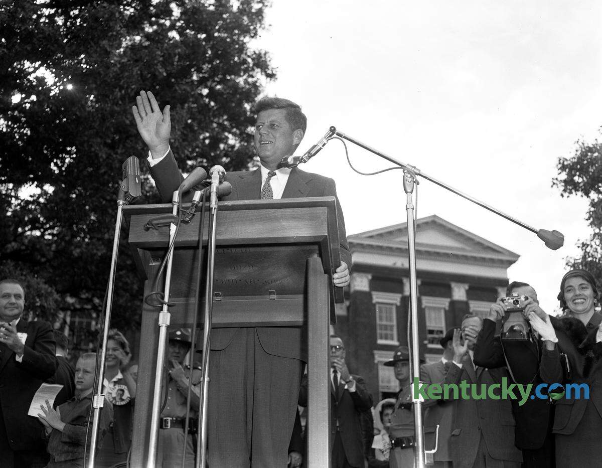 Democratic presidential candidate Sen. John F. Kennedy waved to the  crowd gathered at UK to hear his campaign speech October 8, 1960.  Herald-Leader Staff Photo R.2475