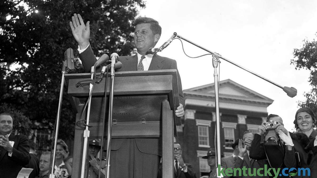 Democratic presidential candidate Sen. John F. Kennedy waved to the  crowd gathered at UK to hear his campaign speech October 8, 1960.  Herald-Leader Staff Photo
 R.2475