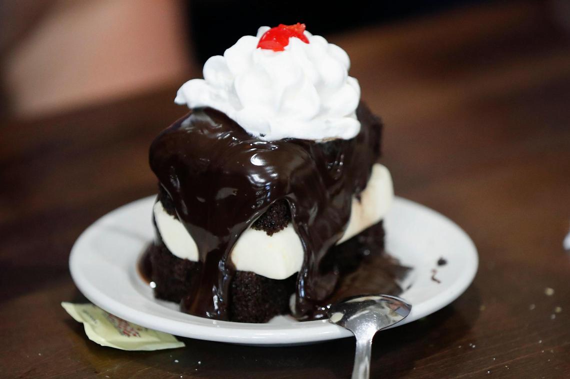 The hot fudge cake made with two pieces of chocolate cake, vanilla ice cream and hot fudge then topped with whipped cream and a cherry at Jerry’s Restaurant in Paris. It’s been a popular dessert for year at the dining spot.