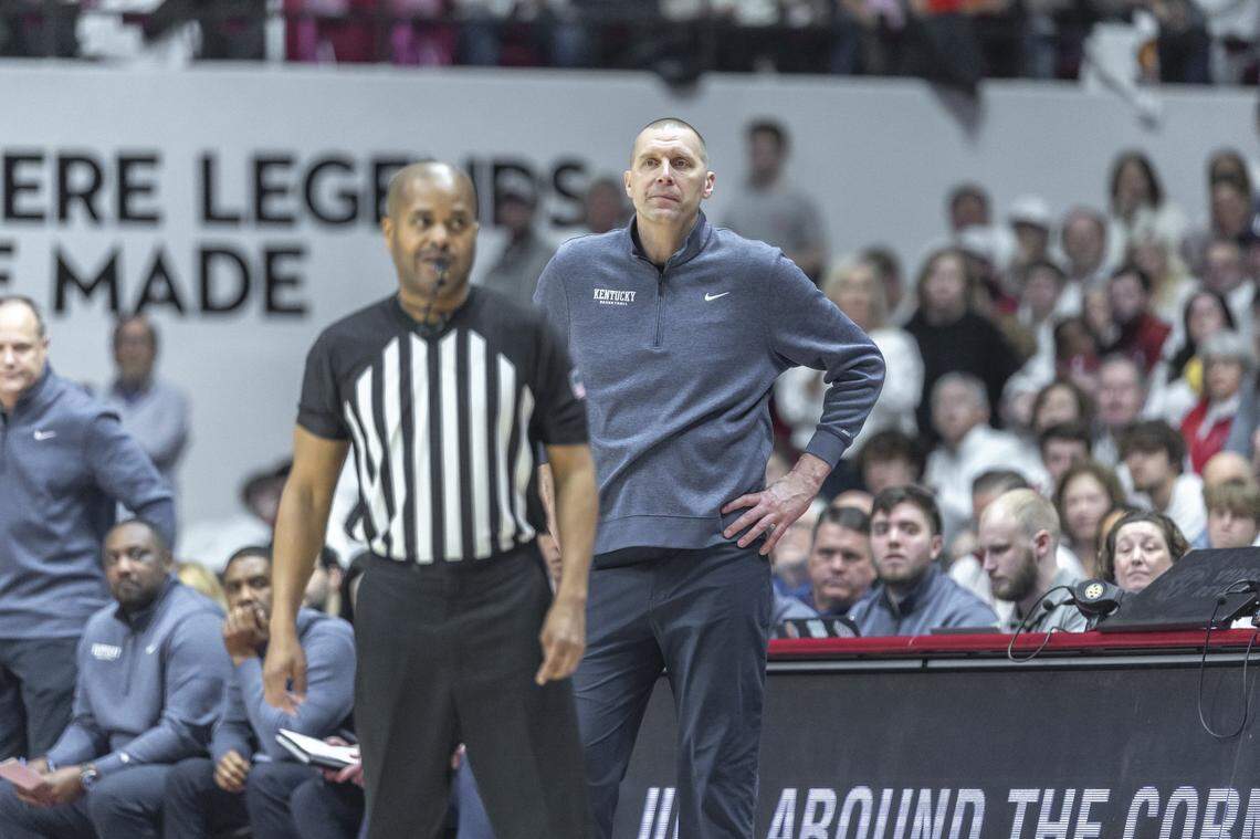 Kentucky head coach Mark Pope looks at an official during a game against Alabama Crimson at Coleman Coliseum in Tuscaloosa, Ala., on Saturday.