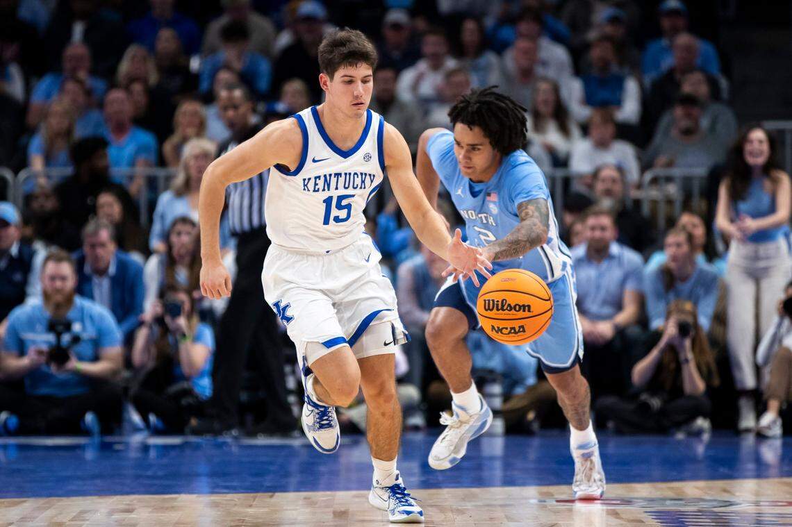 Kentucky guard Reed Sheppard steals the ball from North Carolina guard Elliot Cadeau during the Wildcats’ 87-83 win in Atlanta on Saturday.