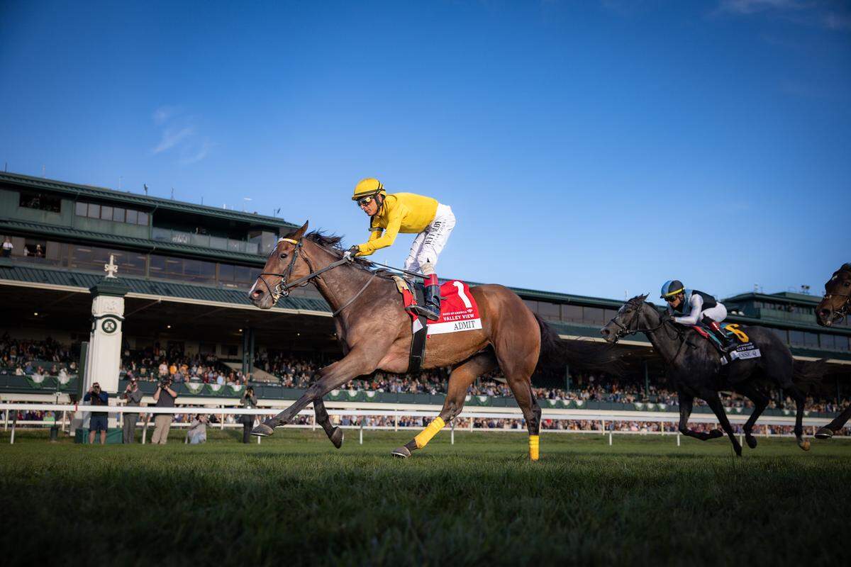 Admit, with jockey John Velazquez up, won the Grade 2, $400,000 Bank of America Valley View on Oct. 24 at Keeneland Race Course. Admit is trained by Thomas Drury Jr. and is a Claiborne Farm homebred.
