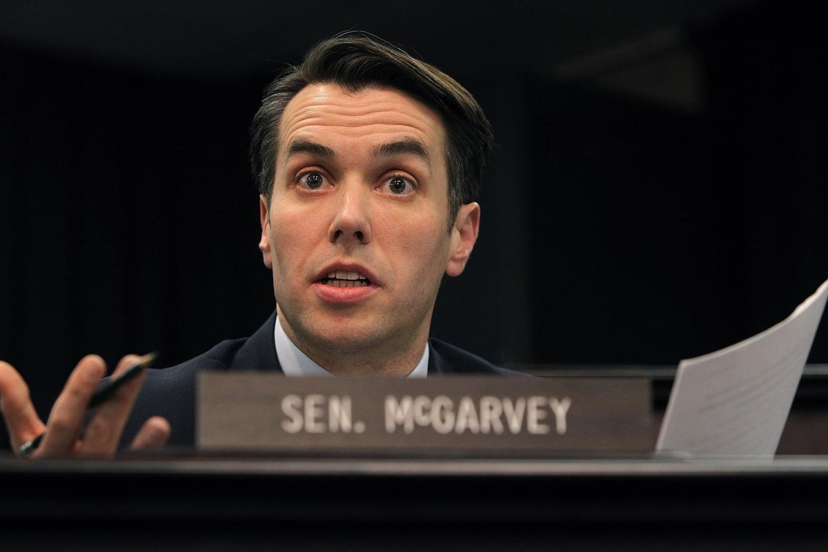 Senator Morgan McGarvey asked a question about SB 240 during a meeting of the Senate Standing Committee on State and Local Government at the State Capitol. Photo by Matt Goins