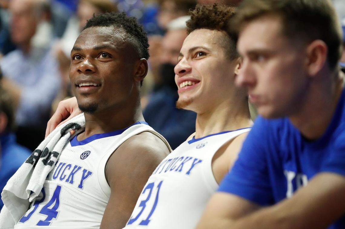 When asked why he has only nine rebounds through eight games this season, Kellan Grady, center, said, “A lot of times I’m boxing out and Oscar (Tshiebwe, left) just gets every rebound.”