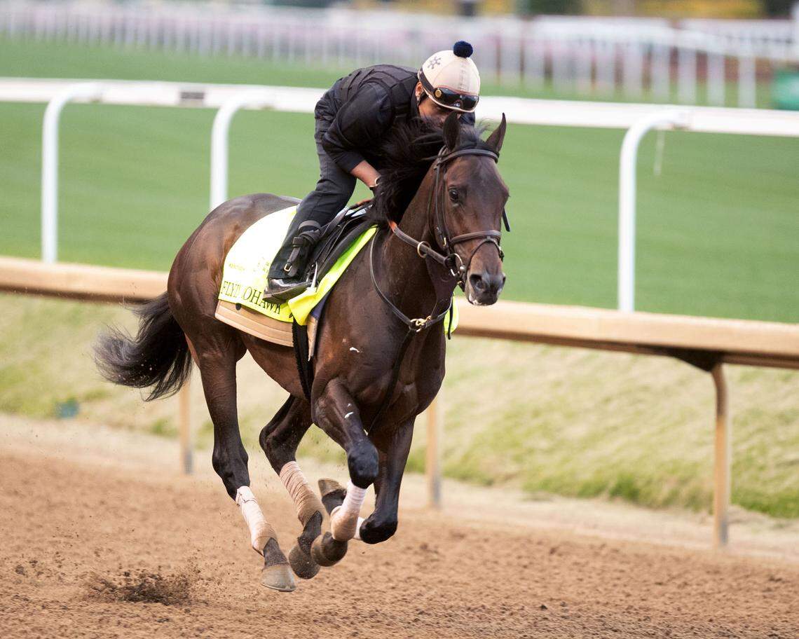 Kentucky Derby hopeful Flying Mohawk gallops at Churchill Downs in Louisville on Friday, April 25, 2025.