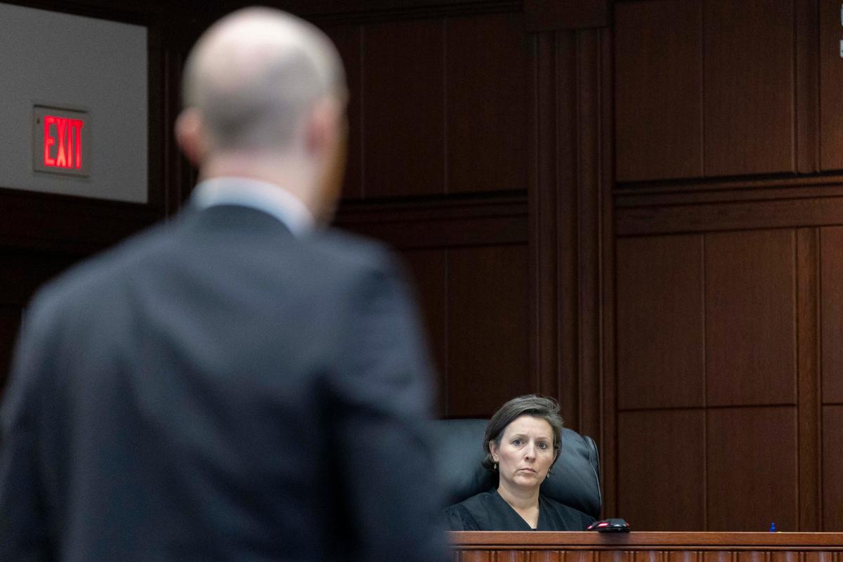 Assistant Commonwealth’s Attorney James Judge stands in front of Judge Lucy VanMeter on Tuesday during the rape trial of John Tilley.